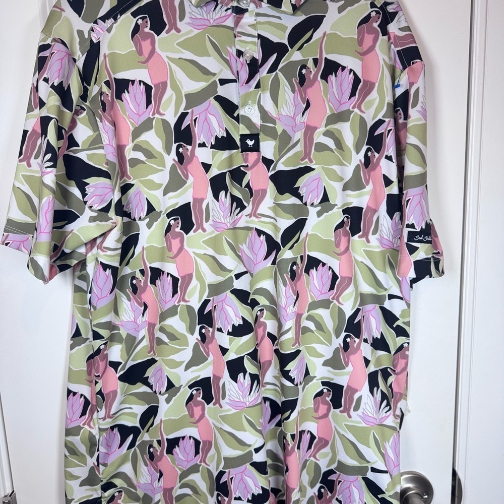 Bad Birdie Men’s Golf Polo M Tropical Hula Girl Resort Coastal Hawaiian Preppy